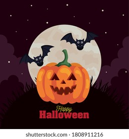 happy halloween banner with pumpkin, bats flying and moon in dark night vector illustration design