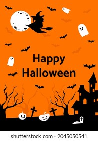 Happy halloween banner with pumpkin, bats and witch flying on a broomstick in a dark night vector illustration design