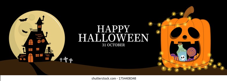 Happy Halloween Banner With Pumpkin, Candy, Poison Bottle, Bulb Light And Ghost Haunted House Cute Holidays Cartoon Character. -Vector