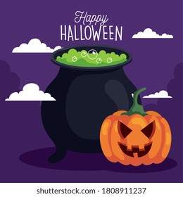 happy halloween banner with pumpkin and cauldron witch vector illustration design