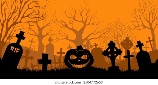 Happy Halloween banner. Pumpkin in the cemetery on Halloween close up. Vector illustration.