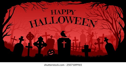 Happy Halloween banner. Pumpkin in the cemetery on Halloween close up. Vector illustration.