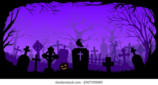 Happy Halloween banner. Pumpkin in the cemetery on Halloween close up. Vector illustration.