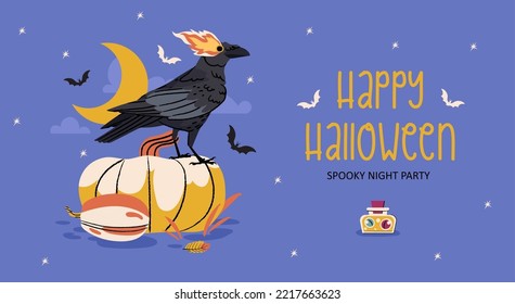 Happy Halloween banner with pumpkin, crow, bat and moon on blue background. Night concept Halloween invitation illustration for card, poster, party design