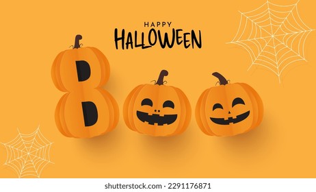Happy halloween banner. Halloween pumpkin design with paper cut  BOO alphabet on orange background. Paper cut and craft style illustration