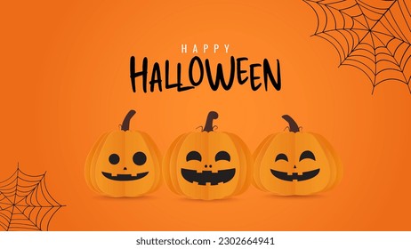 Happy halloween banner. Halloween pumpkin on orange background. Vector illustration