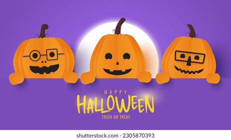 Happy halloween banner. Halloween pumpkin on purple background. Vector illustration