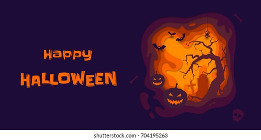 Happy Halloween banner of pumpkin on graveyard, full moon dark night and tombstone, zombie skeleton skull and bat. Vector orange horror trick or treat Halloween holiday greeting card background.