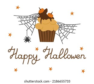 Happy Halloween banner with pumpkin pie with stars, cobwebs and text for the holiday. Vector illustration isolated for falling design and decor.