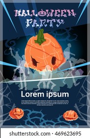 Happy Halloween Banner Pumpkin Scary Face Flat Vector Illustration