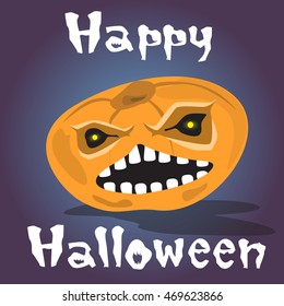 Happy Halloween Banner Pumpkin Scary Face Flat Vector Illustration