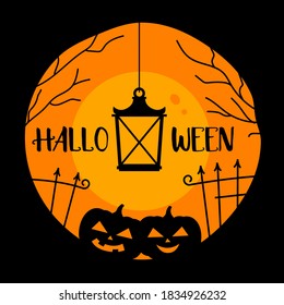 Happy Halloween banner pumpkin with tree and moon night background