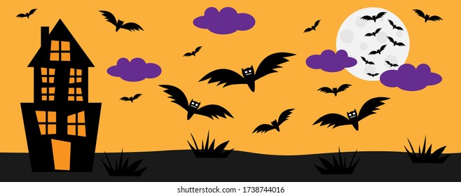 Happy Halloween banner pumpkin, witch hat, bat, spider, cross, skull, ghost vector illustration. Background with moon and clouds for party invitations, cards, web, social media.