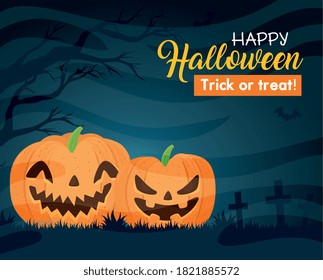 happy halloween banner with pumpkins, bats flying and dry tree vector illustration design