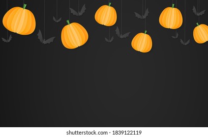Happy Halloween banner with  pumpkins , bats, spiders,  in paper cut  style hanging from top on on black background, sale template ,website, poster,  vector illustration 
