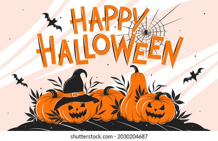 Happy Halloween. Banner with pumpkins, cobwebs, spider and a bat. Vector illustration for Holiday poster, greeting card, party invitation.