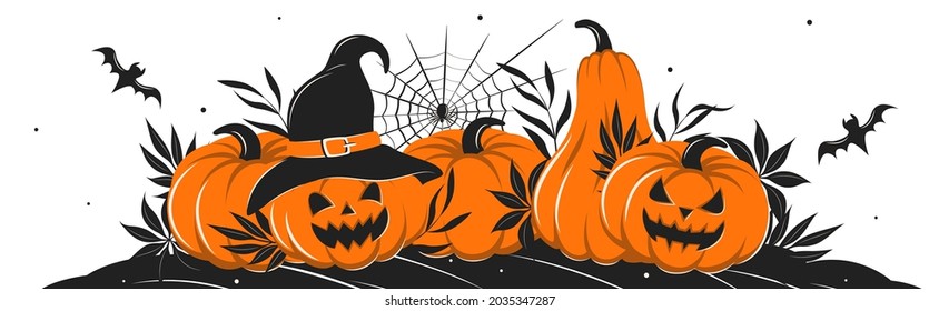 Happy Halloween. Banner with pumpkins, cobwebs, spider and a bat. Vector illustration for Holiday poster, greeting card, party invitation.