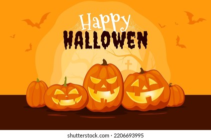 Happy Halloween. Banner of Halloween pumpkins with cut out faces. Scary, fun, smiles for pumpkins. Vector illustration