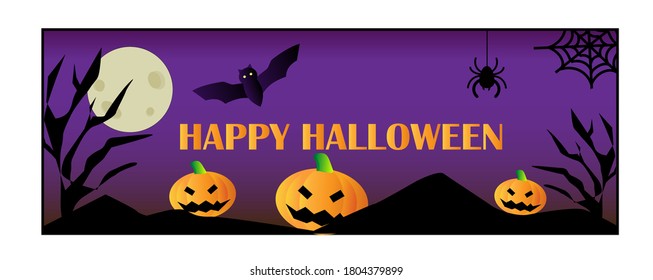 Happy Halloween Banner with pumpkins, full moon, bat, spider and spider web, vector illustration for halloween party