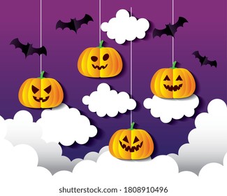 happy halloween banner, with pumpkins hanging, clouds and bats flying in paper cut style vector illustration design