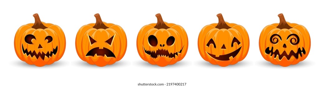 Happy Halloween banner. Pumpkins isolated. Main symbol of Happy Halloween holiday. Orange pumpkins with scary smile Halloween. Horizontal holiday poster, header for website. Vector illustration