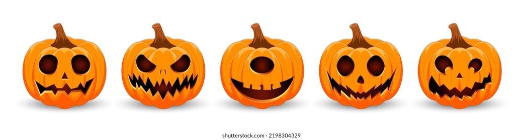 Cartel de Feliz Halloween. Calabazas aisladas. Símbolo principal de la fiesta de Halloween Feliz. Calabazas naranjas con una sonrisa aterradora Halloween. Afiche de vacaciones horizontales, cabecera del sitio web. Ilustración del vector