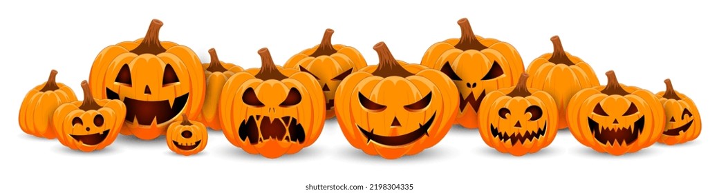 Happy Halloween banner. Pumpkins isolated. Main symbol of Happy Halloween holiday. Family pumpkins with scary smile Halloween. Horizontal holiday poster, header for website. Vector illustration