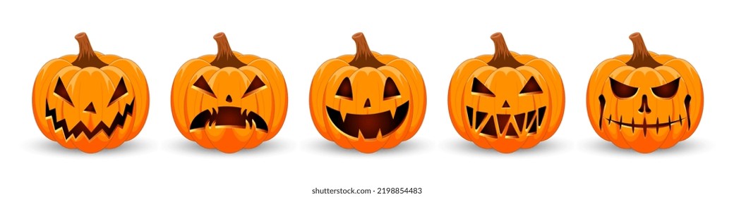 Happy Halloween banner. Pumpkins isolated. Main symbol of Happy Halloween holiday. Orange pumpkins with scary smile Halloween. Horizontal holiday poster, header for website. Vector illustration