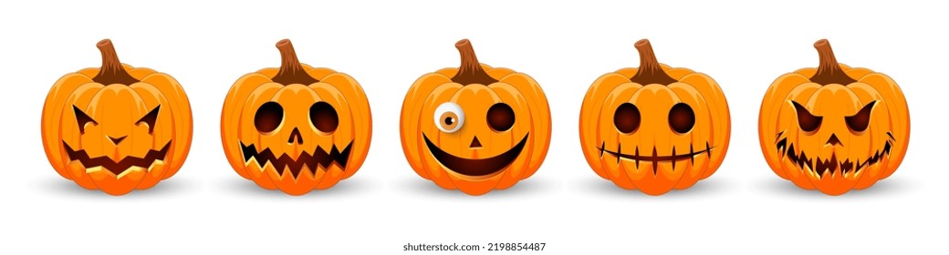 Happy Halloween banner. Pumpkins isolated. Main symbol of Happy Halloween holiday. Orange pumpkins with scary smile Halloween. Horizontal holiday poster, header for website. Vector illustration