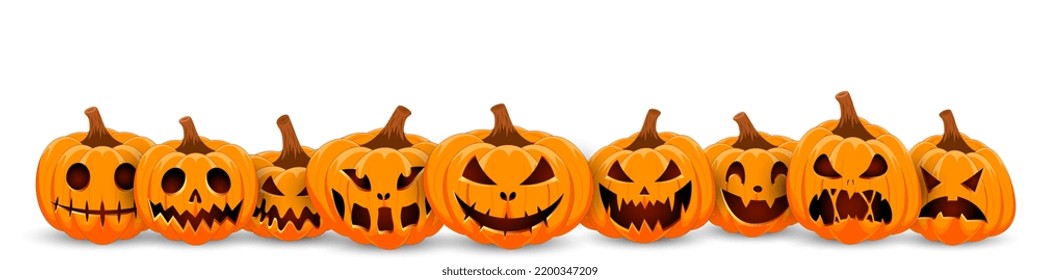 Happy Halloween banner. Pumpkins isolated. Main symbol of Happy Halloween holiday. Orange pumpkins with scary smile Halloween. Horizontal holiday poster, header for website. Vector illustration