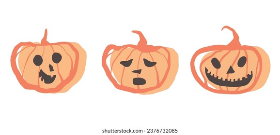 Happy Halloween banner. Pumpkins isolated. Main symbol of Happy Halloween holiday. Orange pumpkins with smile. Horizontal poster header for website. Vector illustration. Hand drawings.