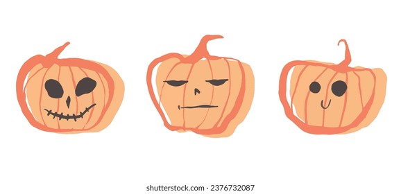 Happy Halloween banner. Pumpkins isolated. Main symbol of Happy Halloween holiday. Orange pumpkins with smile. Horizontal poster header for website. Vector illustration. Hand drawings.