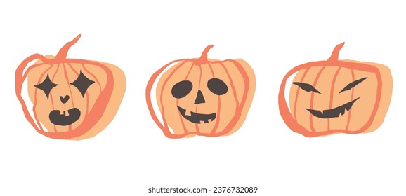 Happy Halloween banner. Pumpkins isolated. Main symbol of Happy Halloween holiday. Orange pumpkins with smile. Horizontal poster header for website. Vector illustration. Hand drawings.