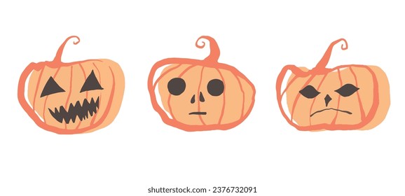 Happy Halloween banner. Pumpkins isolated. Main symbol of Happy Halloween holiday. Orange pumpkins with smile. Horizontal poster header for website. Vector illustration. Hand drawings.
