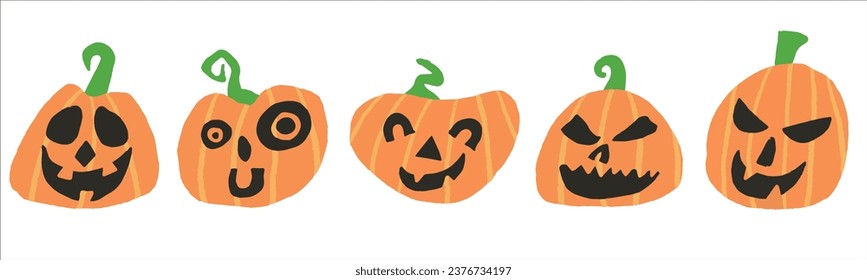 Happy Halloween banner. Pumpkins isolated. Main symbol of Happy Halloween holiday. Orange pumpkins with smile. Horizontal poster header for website. Vector illustration. Hand drawing.