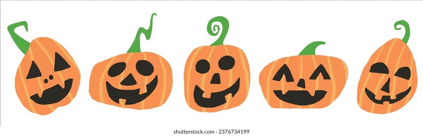 Happy Halloween banner. Pumpkins isolated. Main symbol of Happy Halloween holiday. Orange pumpkins with smile. Horizontal poster header for website. Vector illustration. Hand drawing.