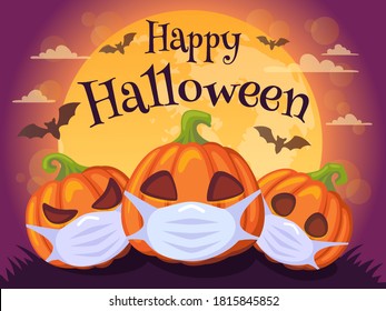 Happy Halloween. Halloween Banner With Pumpkins In Medical Mask, Bat And Moon. Stop Coronavirus. Covid-19. Stop The Global Pandemic