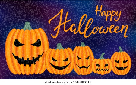 Happy Halloween banner with pumpkins on abstract background. Vector illustration.