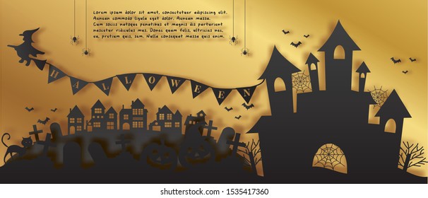 Happy Halloween banner with pumpkins spiders and castle in paper cut style. Vector illustration. 
