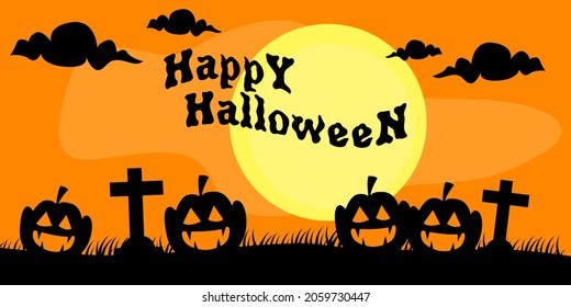 Happy Halloween banner. Pumpkins sun and graves. Vector simple funny flyer or landscape. Vector Halloween october landscape and congrats.