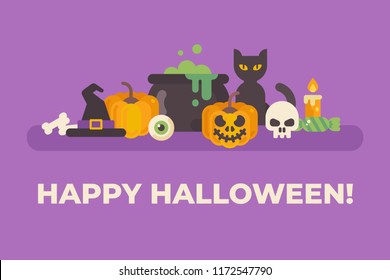 Happy Halloween banner with pumpkins, witch cauldron and hat, black cat, candies and skulls. Trick or treat.