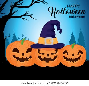 happy halloween banner with pumpkins and witch hat vector illustration design