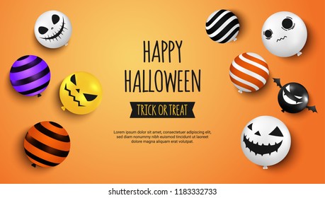 Happy Halloween banner. Realistic Halloween air balloons and typography decoration on orange background. Vector illustration.