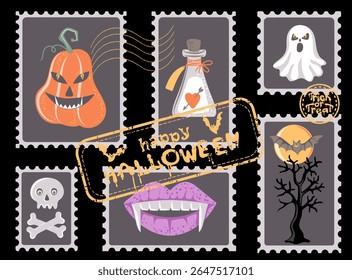 Happy Halloween banner with retro postage stamps. Halloween decorative design. Vector illustration.