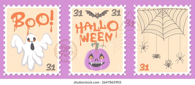 Happy Halloween banner with retro postage stamps. Halloween decorative design with pumpkin, ghost and spiders. Vector illustration.