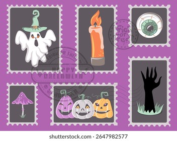 Happy Halloween banner with retro postage stamps. Halloween decorative design with scary pumpkins, ghosts and monster hand. Vector illustration.
