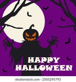 Happy Halloween. A banner with a scarecrow and bats. Vector illustration.