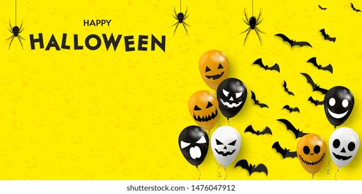 Happy Halloween banner. Scary air balloons with spiders and bats. Spooky banner template.Vector illustration.