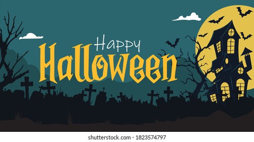 happy Halloween banner with scary dark night background. Creepy bats flying over a hill house & tree branches on moon. Halloween typography calligraphy with graveyard. Vector illustration