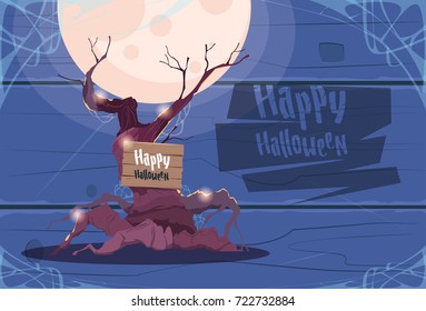 Happy Halloween Banner Scary Old Tree Holiday Greeting Card Flat Vector Illustration